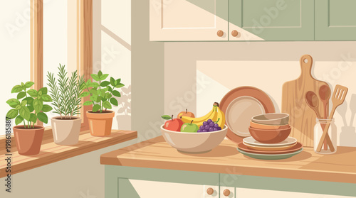 Bright kitchen with plants, fruits, and dishes on the counter near the window in the afternoon light