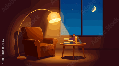 Cozy reading corner with a chair, lamp, and table at night with moonlight shining from the window