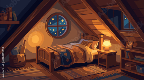 Cozy attic bedroom with window showing night sky and stars