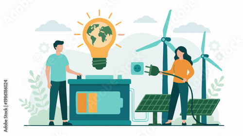 People collaborating on sustainable energy solutions with green technology