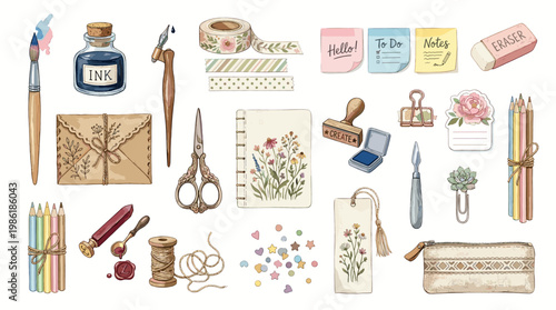Creative stationery and craft supplies set with ink bottle, scissors, pencils, stamps, clips and floral tags in detailed hand drawn style isolated on white background