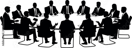 Professional business meeting silhouette illustration of executives seated around round conference table discussing strategy, teamwork, leadership, and corporate decision-making