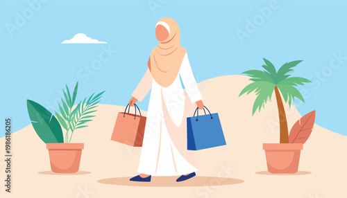Muslim woman in traditional hijab and white dress walking with shopping bags in a desert landscape.