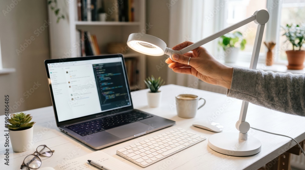 Fototapeta premium Hand adjusting white desk lamp above laptop and keyboard on desk