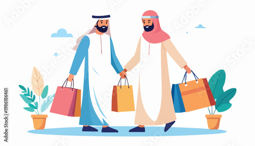 Two Arab Men in Traditional Attire Carrying Shopping Bags.