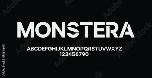A modern font style called Monstera with alphabet and numbers on a black background