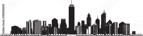 Minimalist black and white illustration of a metropolitan city skyline with skyscrapers isolated on white background