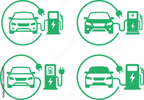 Set of green electric vehicle icons including car, charging station, power plug, and battery in flat and outline styles isolated on white background