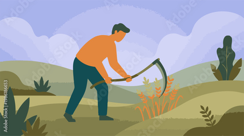 Man harvesting grain with scythe in a field illustration