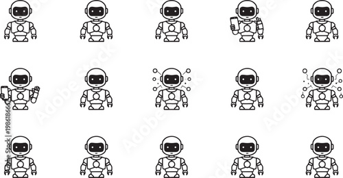 Collection of minimalist robot line art icons for technology and artificial intelligence isolated on white background