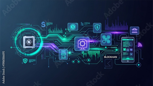 Blockchain technology and cryptocurrency concept with digital circuit board and icons  financial security