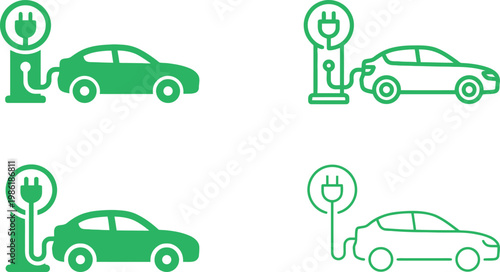 Set of green electric vehicle icons including car, charging station, power plug, and battery in flat and outline styles isolated on white background
