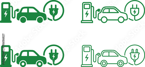 Set of green electric vehicle icons including car, charging station, power plug, and battery in flat and outline styles isolated on white background