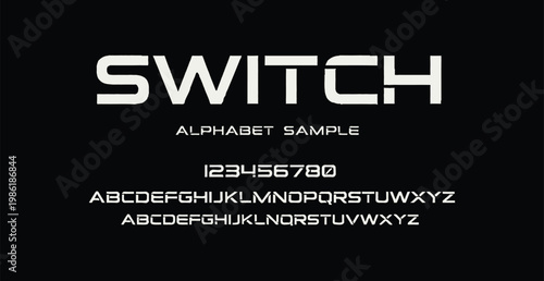 A modern alphabet sample display with the word SWITCH in bold white letters on a black background