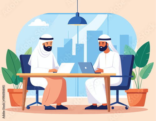 Two Arab Businessmen Working on Laptops in Modern Office Illustration.