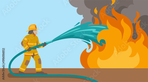 Firefighter battling a large blaze with a hose, flat vector illustration