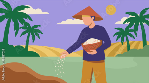 Illustration of a farmer sowing rice seeds in a field under a sunny sky
