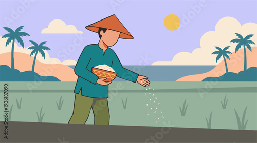 Asian farmer sowing rice seeds in a tropical field illustration