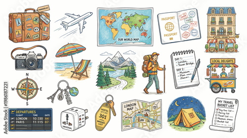 Travel and adventure objects set including suitcase, map, airplane, compass, camera and camping items in detailed hand drawn style isolated on white background