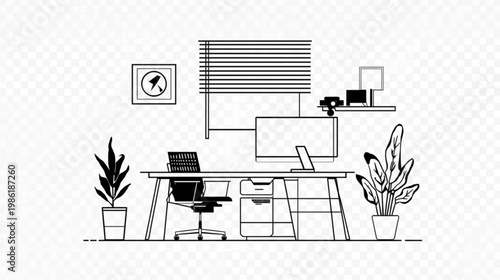 Illustration shows a simple office workspace with desk, chair, plants, and computer