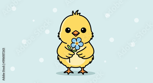 Cute little yellow chick holding flower.