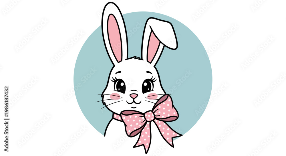 Fototapeta premium Cute White Rabbit Wearing Pink Bow.