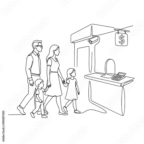 Family at bank continuous line art. Parents and children at teller counter vector illustration