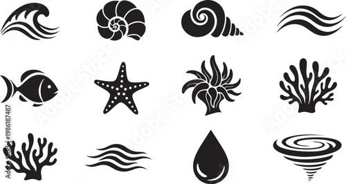 Marine Life and Ocean Elements Vector Icon Set: Sea Shells, Coral, Waves, and Fish Symbols