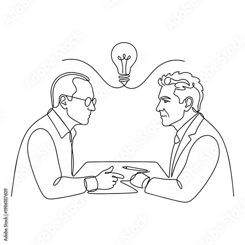 Executives brainstorming continuous line art. Two businessmen talking with lightbulb vector illustration