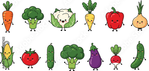 Cute Cartoon Happy Vegetable Character Set Collection Kawaii Food Flat Vector Illustration Isolated