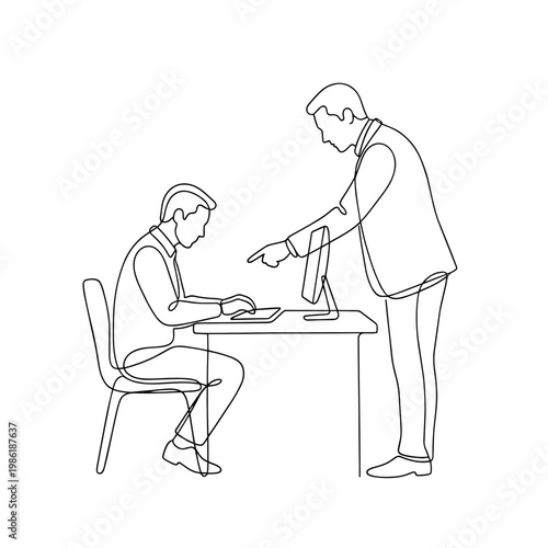 Manager helping employee at computer desk. Continuous one line drawing vector illustration. Teamwork and mentoring concept