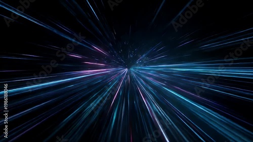 Abstract digital warp tunnel footage with vibrant neon light streaks moving from center outwards in dark space, speed effect motion graphic background.