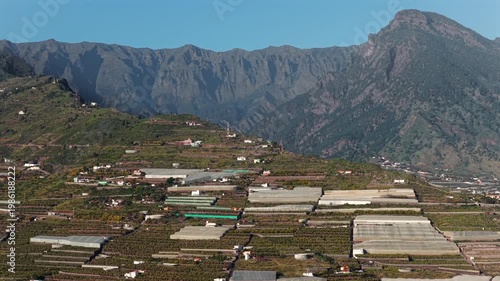 Banana Plantations and Caldera de Taburiente at Sunset in Tazacorte; La Palma Canary Islands Coastal Agriculture Aerial View; Tropical Farming and Volcanic Landscape