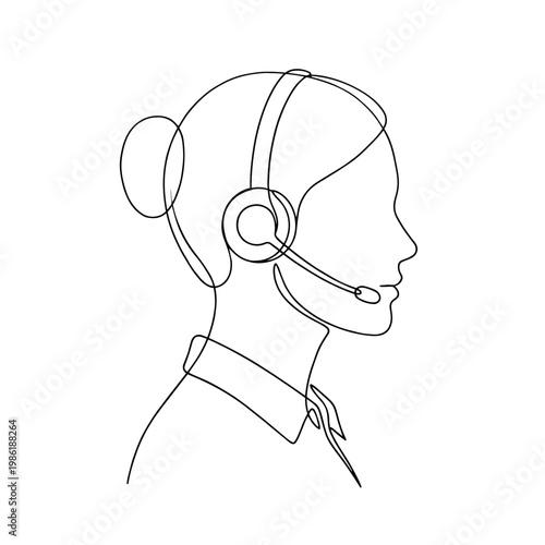 Female employee with headset continuous line art. Call center operator profile vector illustration