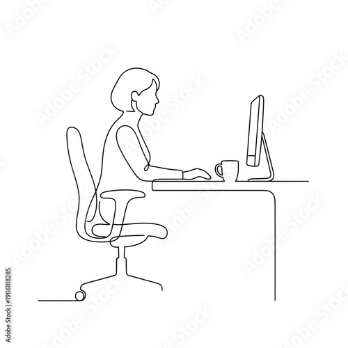 Female colleague working at desk with computer. Continuous line art vector illustration. Office workplace concept