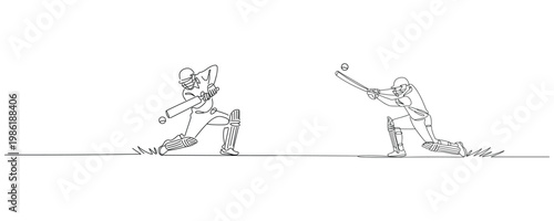 Dynamic Archery Training Action Pose Continuous Line Illustration of two cricketers players.