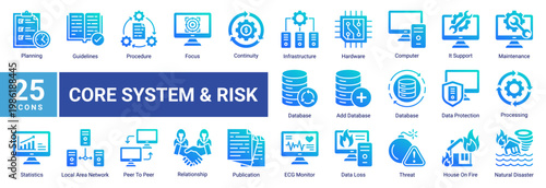 Disaster recovery icon set featuring system infrastructure,data protection,network,and risk planning concepts.Ideal for technology,IT operations,and business continuity design.