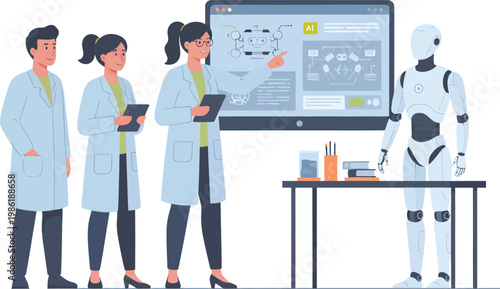 Robot, humanoid machine, futuristic technology, innovation team, scientists in lab coats