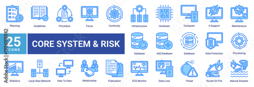 Disaster recovery icon set featuring system infrastructure,data protection,network,and risk planning concepts.Ideal for technology,IT operations,and business continuity design.