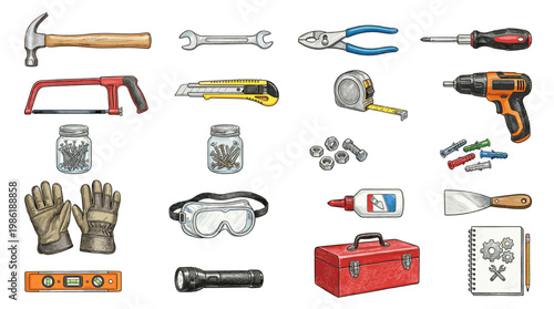 Hand tools and repair equipment set including hammer, drill, wrench and screwdriver in detailed style isolated on white background for construction and maintenance