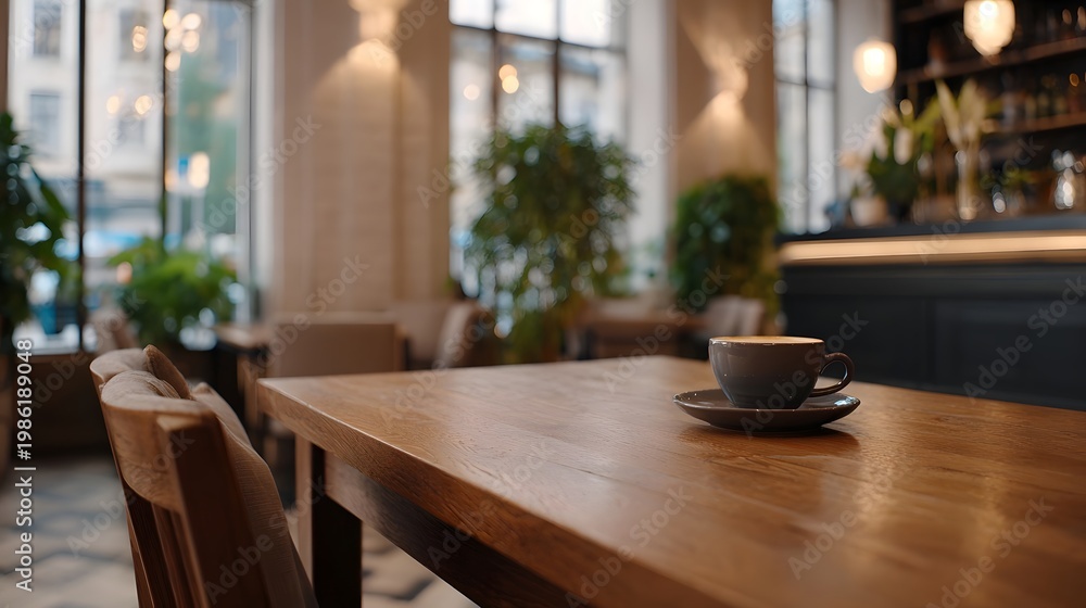 Fototapeta premium A detailed tranquil view of a wooden table set with a cup positioned inside a brightly lit modern cafe
