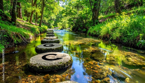 Stream with Stepping Stones and Greenery