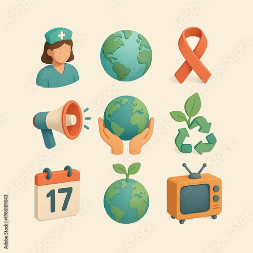 Isometric Icon Set – Awareness & Global Observance Day, Ribbon, Globe, Support, Unity Symbols
