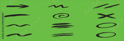 Green Screen Concept with Black Brushstroke Symbols – Arrows, Lines, Spirals, and Abstract Shapes Icon Sheet