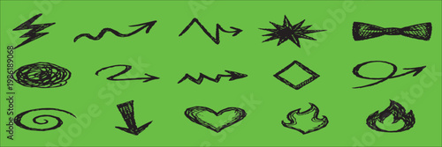 Green Screen Concept with Black Doodle Symbols – Arrows, Shapes, Heart, and Flame Icon Sheet