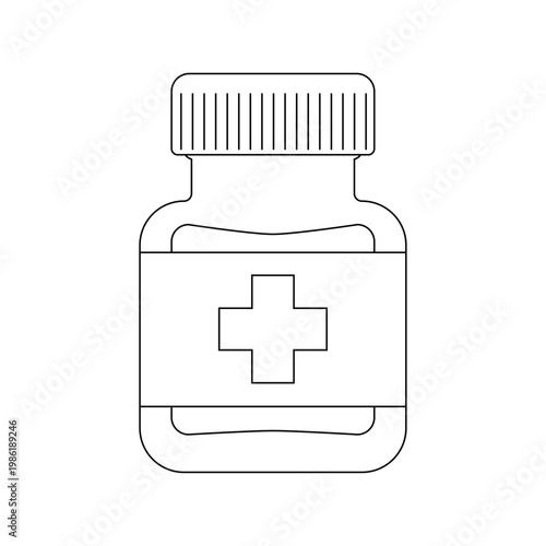 A medicine bottle and medicine. An outline illustration of a medical bottle.