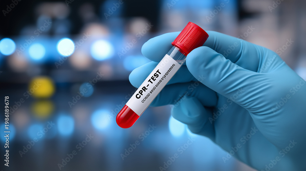 Naklejka premium Gloved hand holding a blood sample test tube labeled COVID-19 in a clinical laboratory setting.