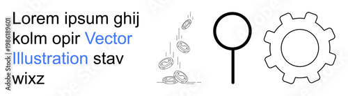 Economy, analysis, business, efficiency, monetary processes, research. Coins falling, magnifying glass gear. Economy and analysis concept for financial efficiency and research