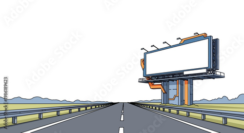 Cartoon illustration of an empty billboard mockup along a highway, rendered in a hand-drawn style with simple colors and a vanishing perspective, set against a bright white background