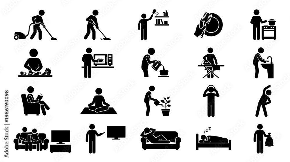 Obraz premium Daily Home Routine Icon Collection Cleaning Cooking Relax Indoor Silhouette Vector Set